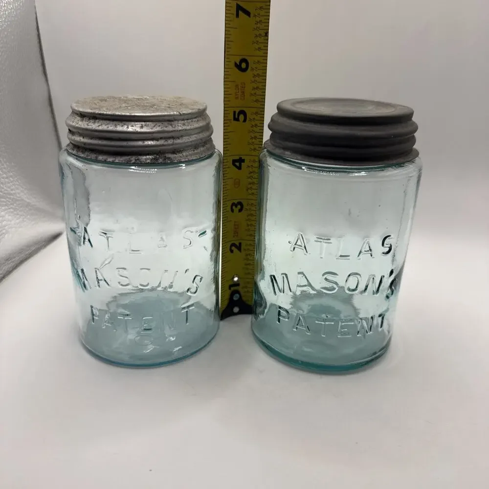 2 Antique Aqua Atlas Mason’s Patent Quart Jar